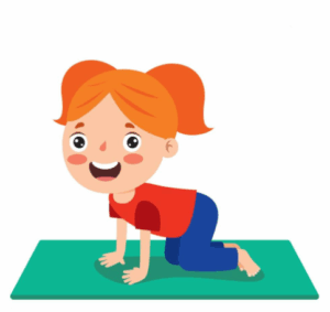 Red headed girl on floor mat all fours